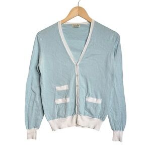 Vintage John Laing Knit Cotton Cardigan Women 38 Small Blue V-Neck Button Front